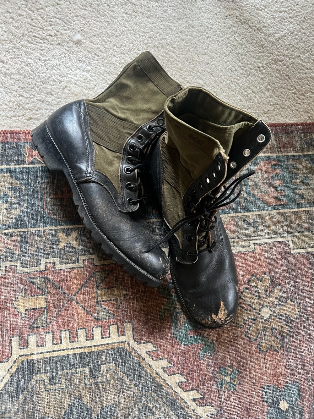 Vintage-   1960’s. Men's Black and Olive Lace-Up Combat Boots
